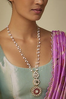 Gold Finish Moissanite Polki & Red Stone Long Pendant Necklace
