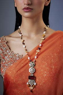 Gold Finish Moissanite Polki & Pearl Long Pendant Necklace