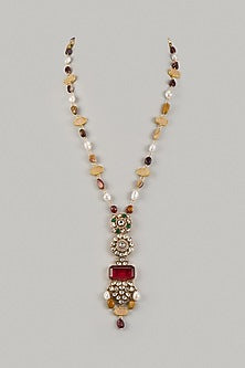Gold Finish Moissanite Polki & Pearl Long Pendant Necklace