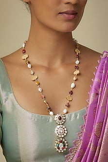 Gold Finish Moissanite Polki & Navratna Stone Long Pendant Necklace