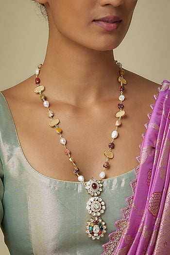 Gold Finish Moissanite Polki & Navratna Stone Long Pendant Necklace