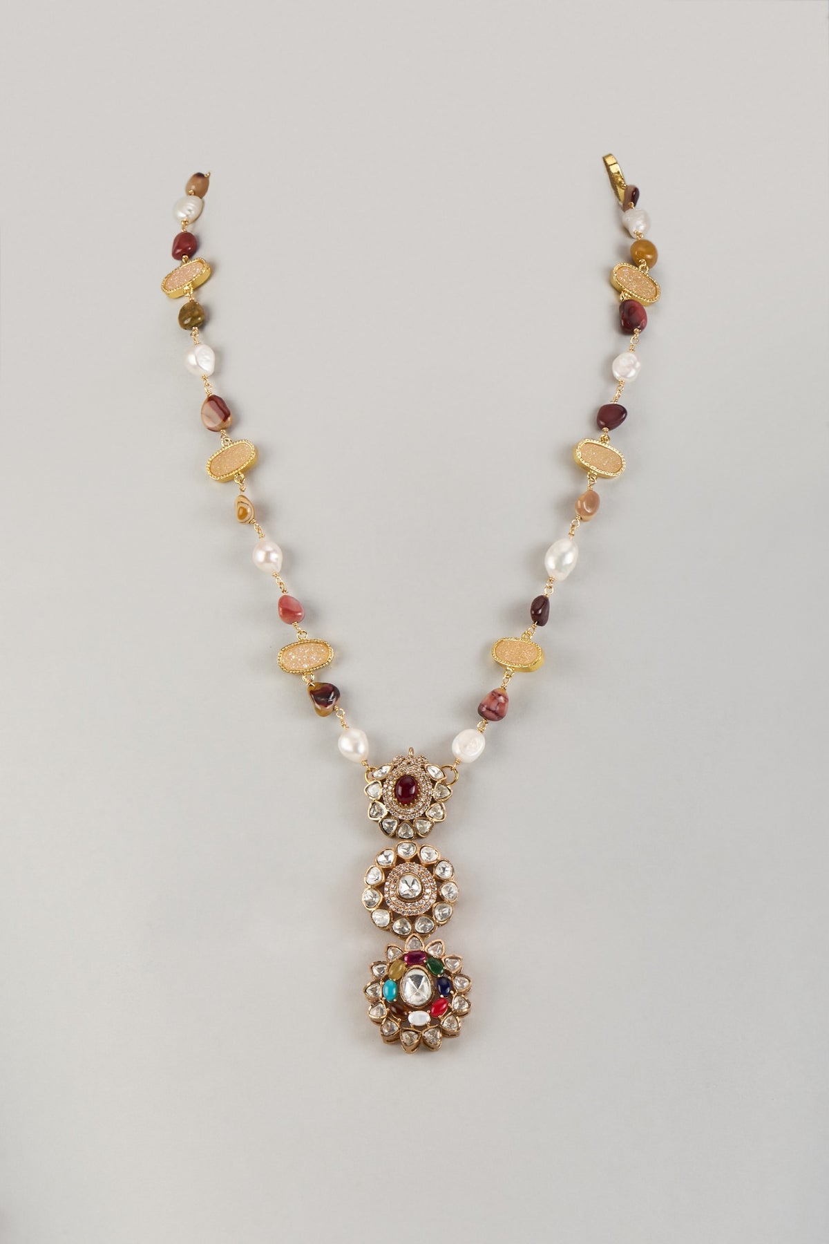 Gold Finish Moissanite Polki & Navratna Stone Long Pendant Necklace