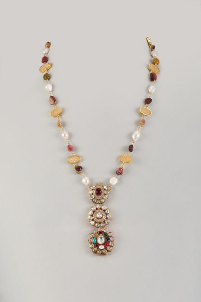 Gold Finish Moissanite Polki & Navratna Stone Long Pendant Necklace