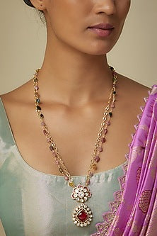 Gold Finish Moissanite Polki & Natural Stone Long Pendant Necklace