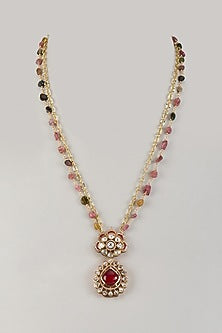 Gold Finish Moissanite Polki & Natural Stone Long Pendant Necklace