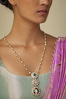 Gold Finish Moissanite Polki & Navratna Stone Long Pendant Necklace