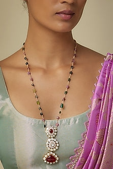 Gold Finish Moissanite Polki & Multi-Colored Natural Stone Long Pendant Necklace