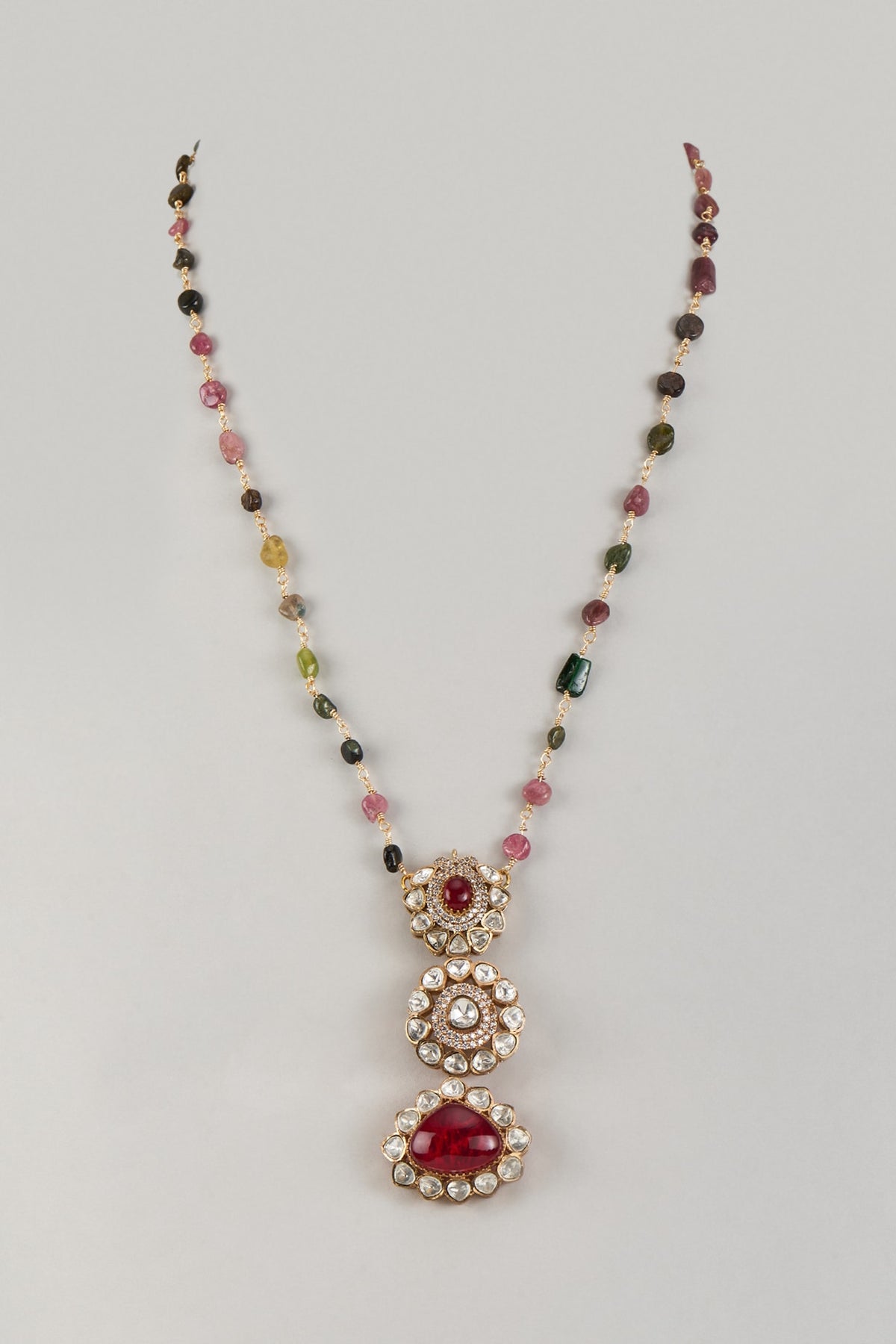Gold Finish Moissanite Polki & Multi-Colored Natural Stone Long Pendant Necklace