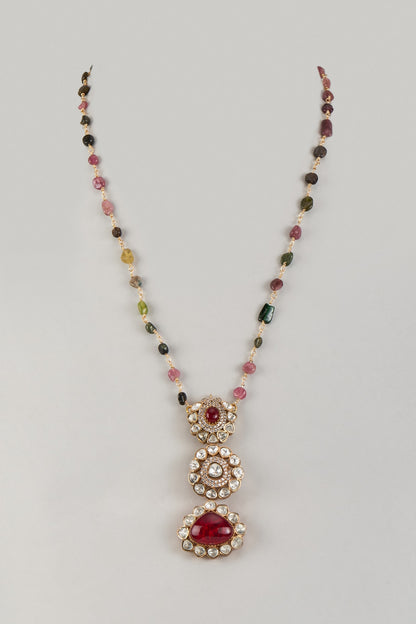 Gold Finish Moissanite Polki & Multi-Colored Natural Stone Long Pendant Necklace