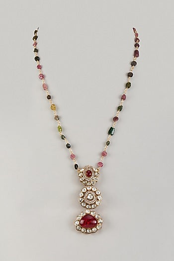 Gold Finish Moissanite Polki & Multi-Colored Natural Stone Long Pendant Necklace