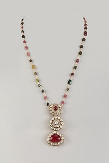 Gold Finish Moissanite Polki & Multi-Colored Natural Stone Long Pendant Necklace