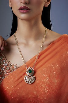 Gold Finish Moissanite Polki & Green Stone Long Pendant Necklace