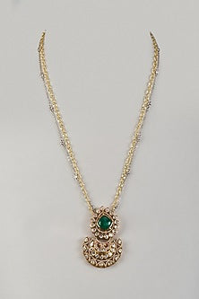Gold Finish Moissanite Polki & Green Stone Long Pendant Necklace