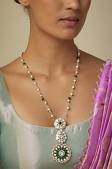 Gold Finish Moissanite Polki & Green Stone Long Pendant Necklace