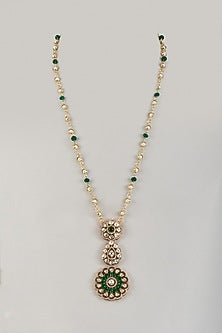 Gold Finish Moissanite Polki & Green Stone Long Pendant Necklace