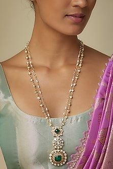 Gold Finish Moissanite Polki & Green Stone Long Pendant Necklace
