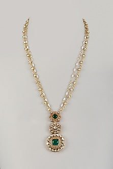 Gold Finish Moissanite Polki & Green Stone Long Pendant Necklace