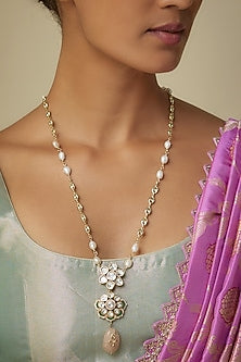 Gold Finish Moissanite Polki & Pink Drop Long Pendant Necklace