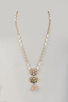 Gold Finish Moissanite Polki & Pink Drop Long Pendant Necklace