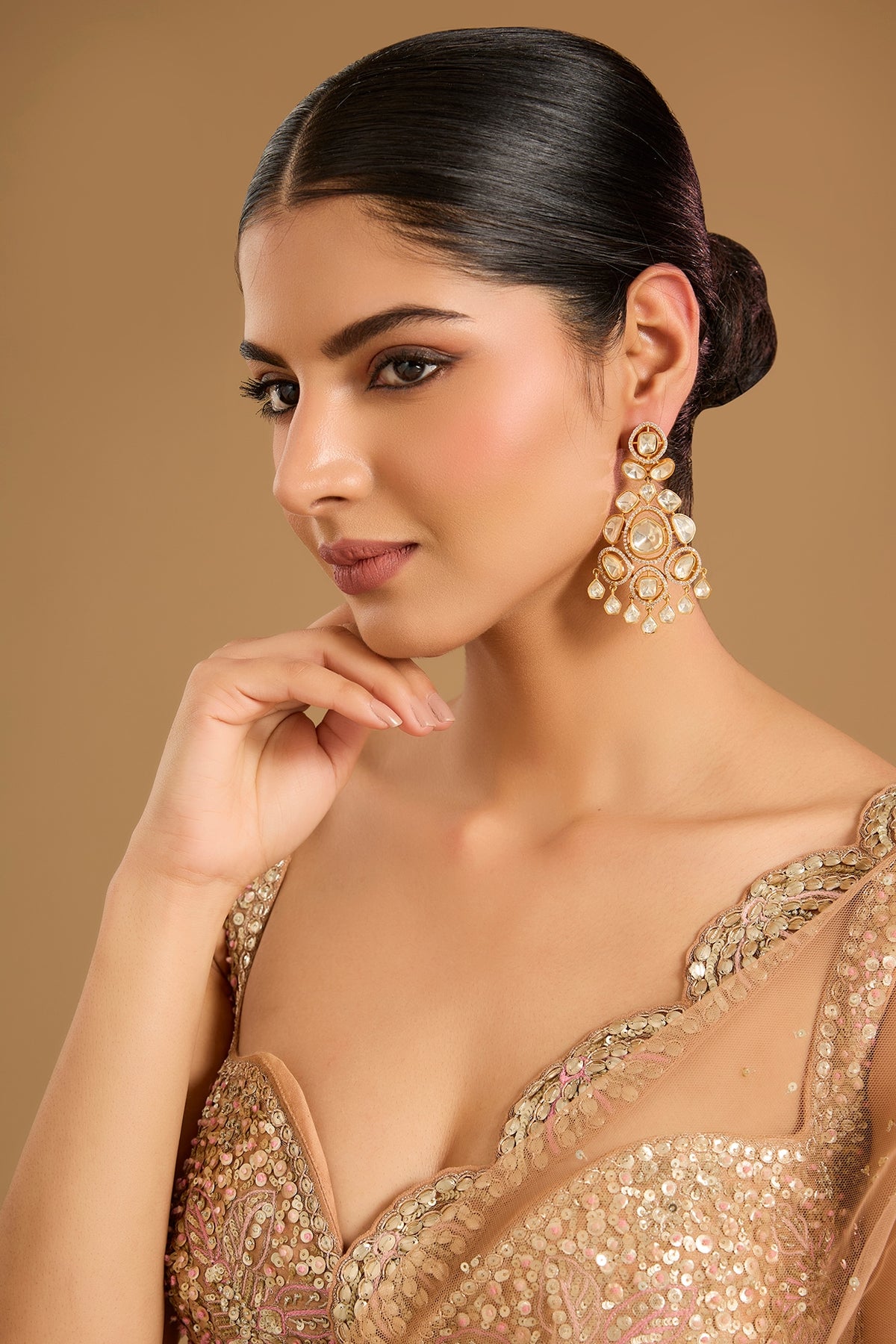 Gold Finish Kundan Polki Chandbali Earrings