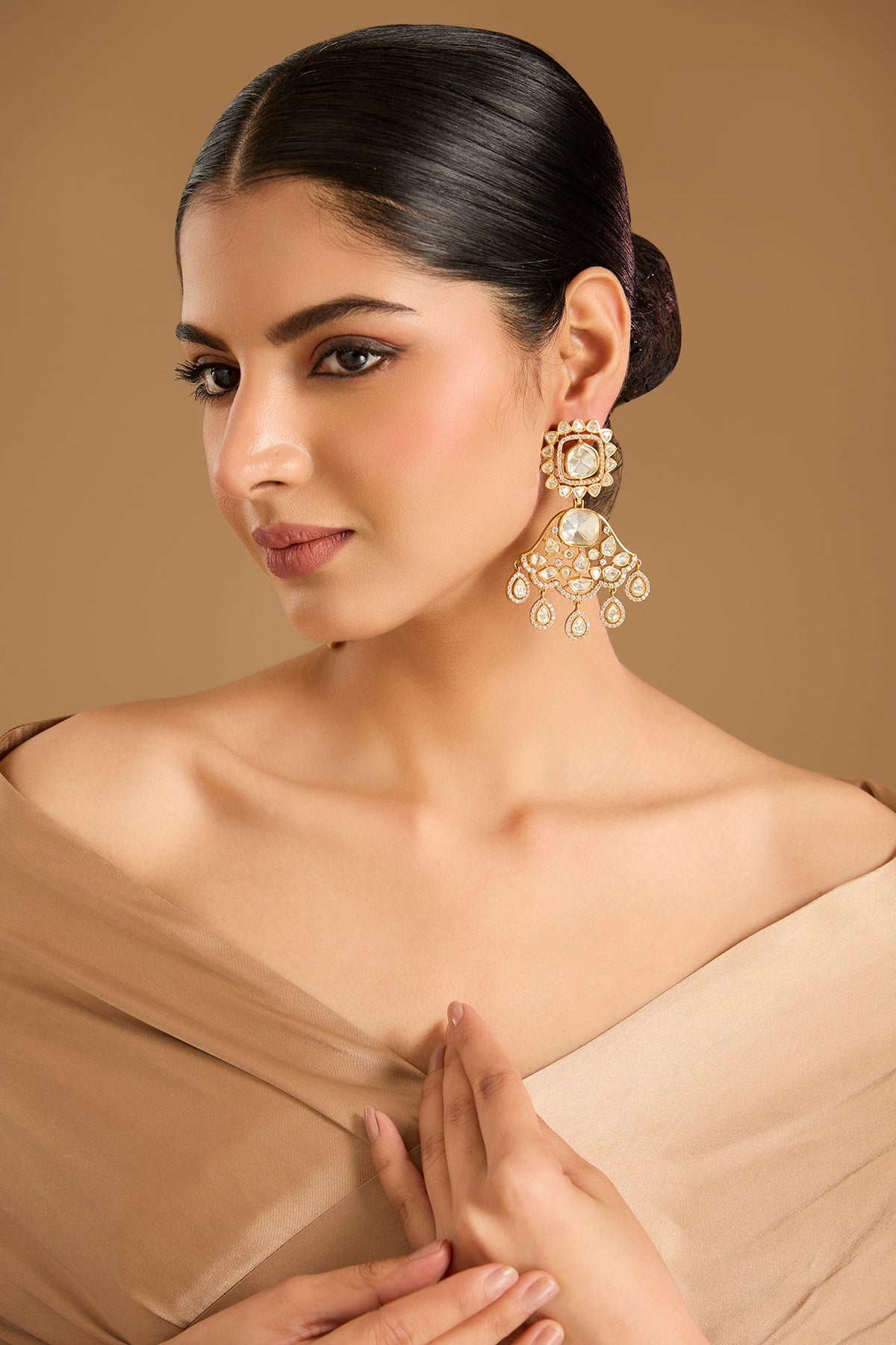 Gold Finish Kundan Polki Chandbali Earrings