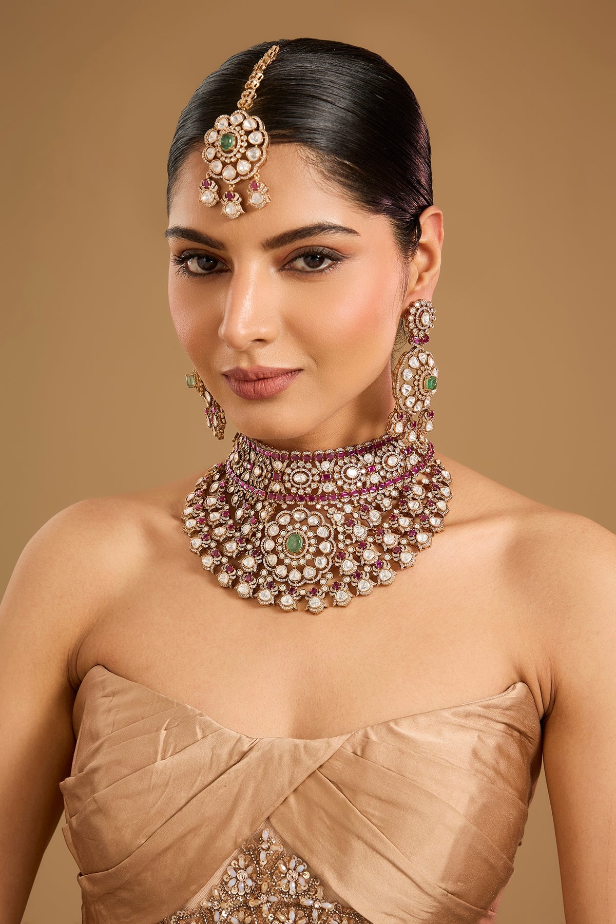 Gold Finish Kundan Polki & Green Stone Choker Necklace Set