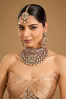 Gold Finish Kundan Polki & Green Stone Choker Necklace Set