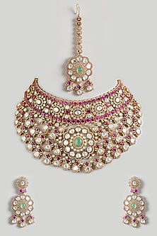 Gold Finish Kundan Polki & Green Stone Choker Necklace Set