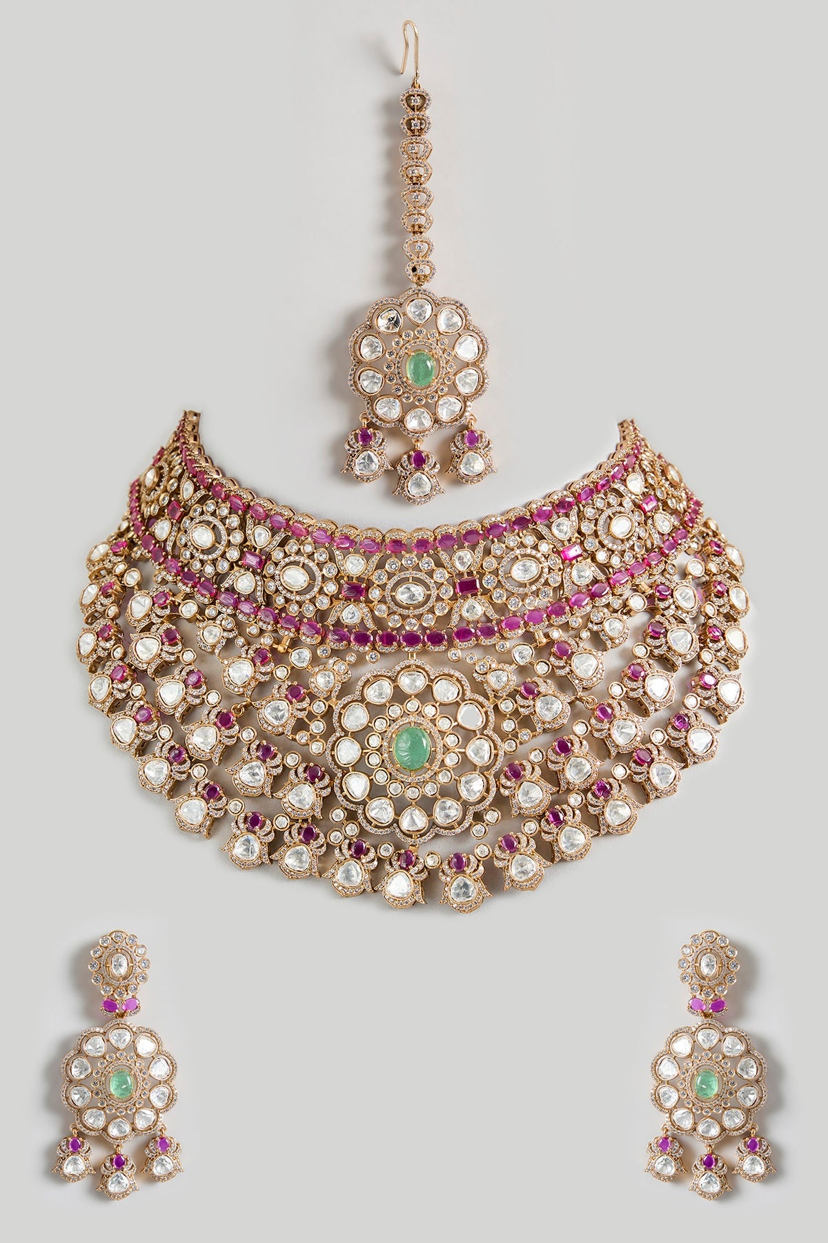 Gold Finish Kundan Polki & Green Stone Choker Necklace Set