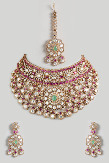 Gold Finish Kundan Polki & Green Stone Choker Necklace Set