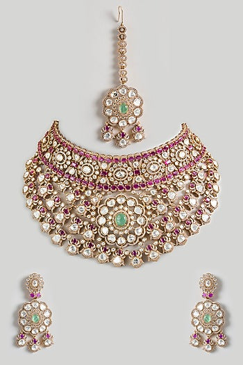 Gold Finish Kundan Polki & Green Stone Choker Necklace Set