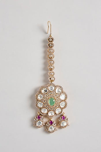 Gold Finish Kundan Polki & Green Stone Choker Necklace Set