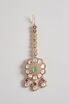 Gold Finish Kundan Polki & Green Stone Choker Necklace Set