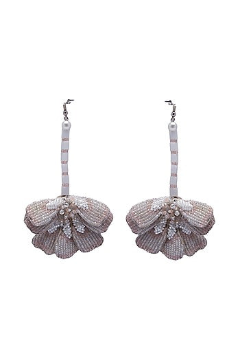 White Crystal & Beaded Floral Dangler Earrings
