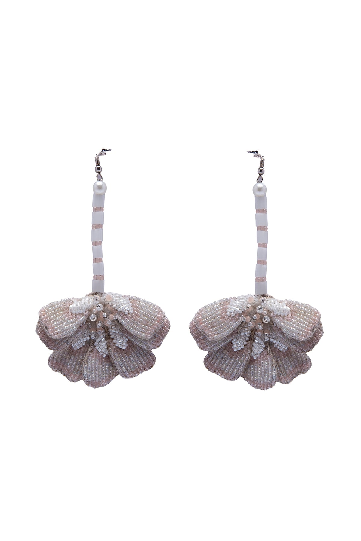 White Crystal & Beaded Floral Dangler Earrings