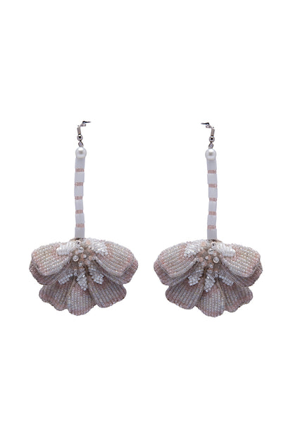 White Crystal & Beaded Floral Dangler Earrings