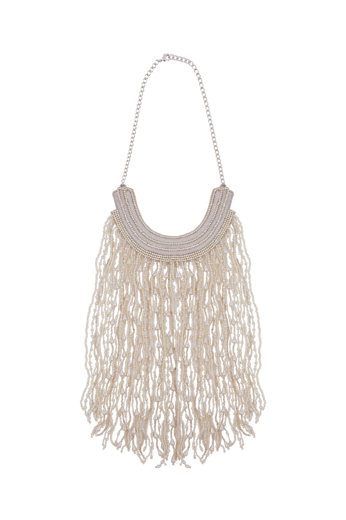 White Bead & Pearl Embroidered Raindrop Necklace