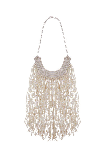 White Bead & Pearl Embroidered Raindrop Necklace