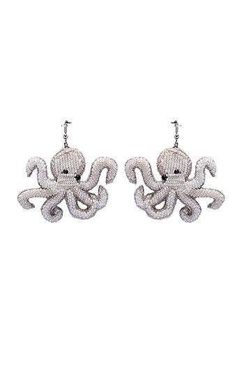 White Embroidered Octopus Earrings