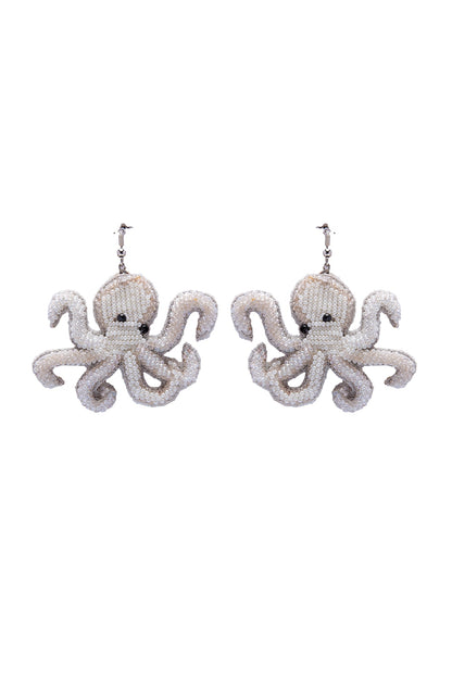 White Embroidered Octopus Earrings