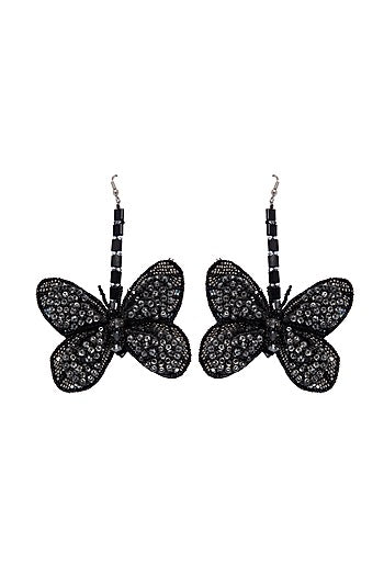 Black Hand Embroidered Dangler Butterfly Earrings