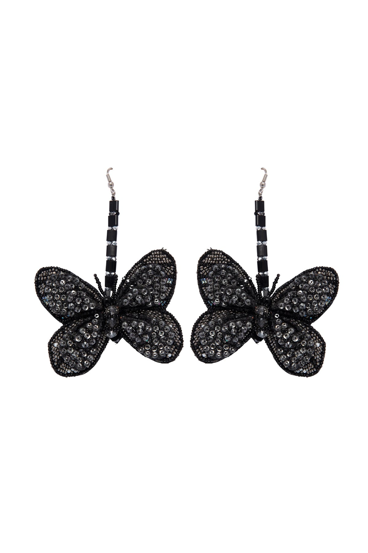 Black Hand Embroidered Dangler Butterfly Earrings