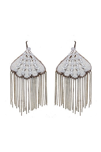White Hand Embroidered Dangler Shell Earrings