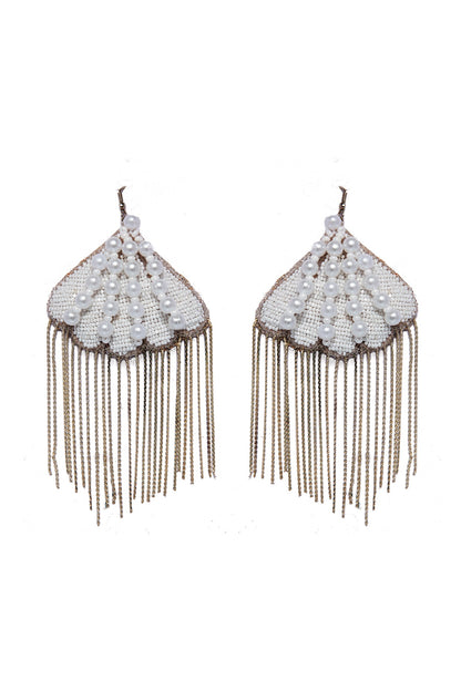 White Hand Embroidered Dangler Shell Earrings