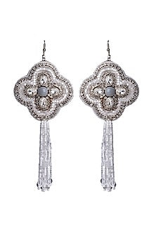 White Embroidered Floral Fringe Earrings