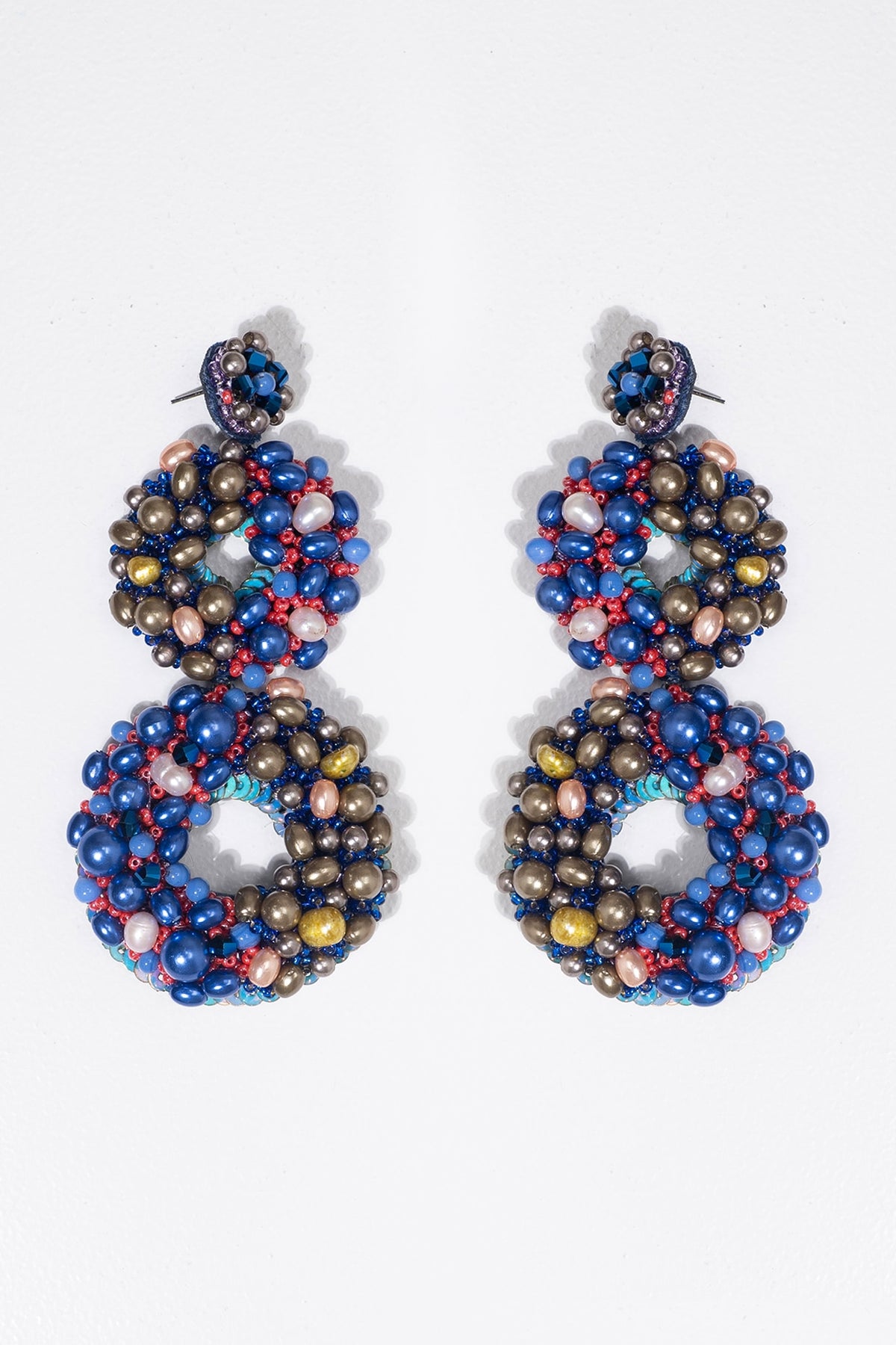 Blue Embroidered Double Drop Earrings