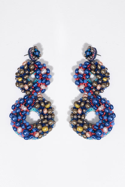 Blue Embroidered Double Drop Earrings
