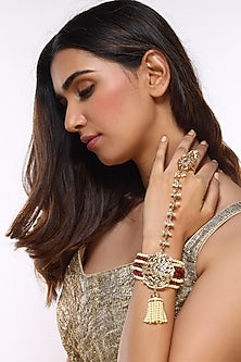 Gold Plated Kundan Polki & Pearl String Haathphool