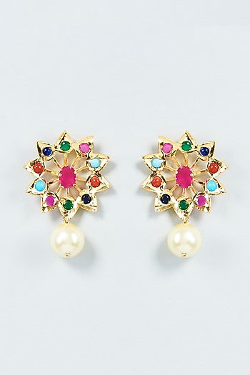 Gold Plated Multi-Colored Semi-Precious Stone & Kundan Polki Stud Earrings