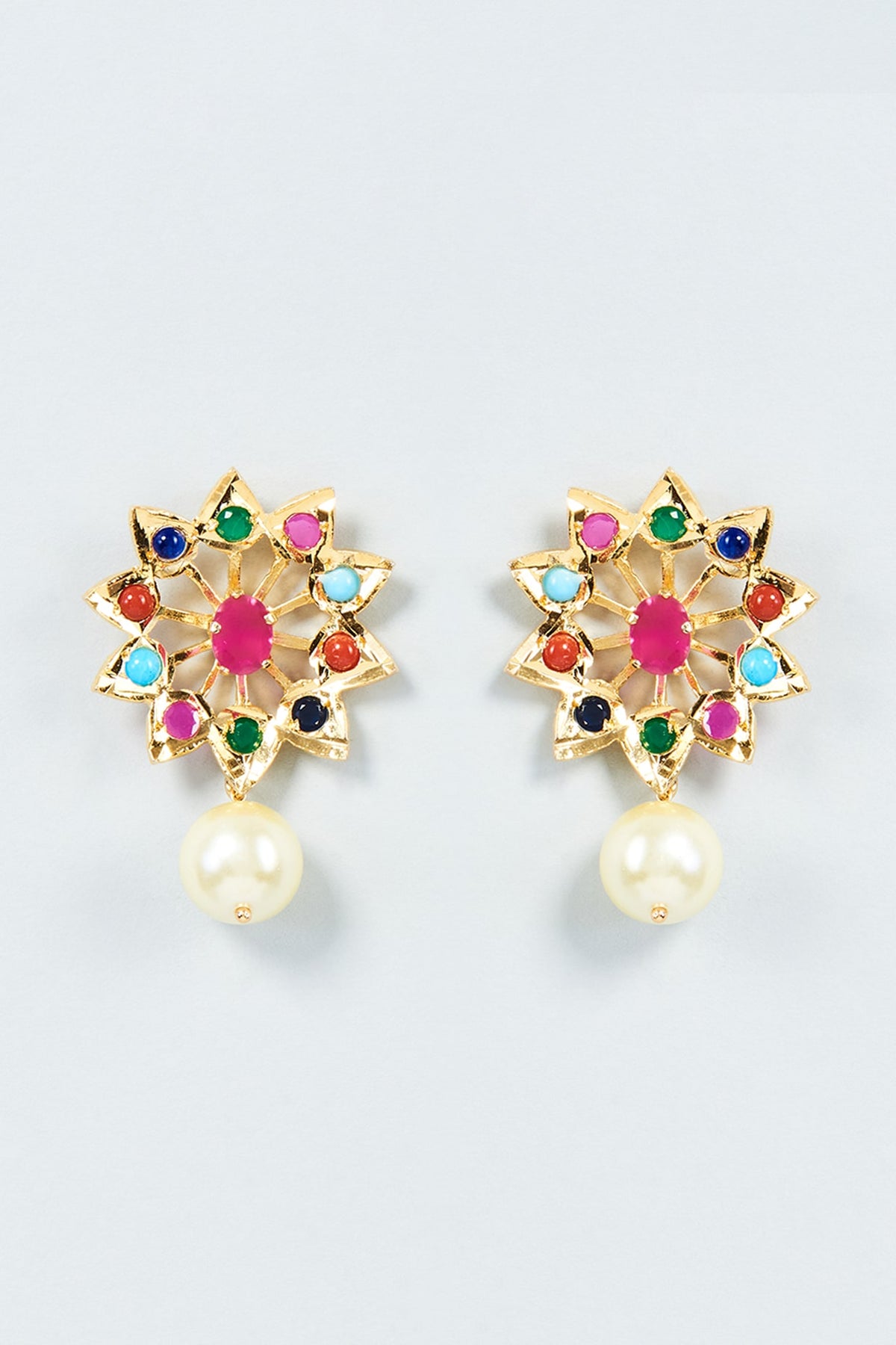 Gold Plated Multi-Colored Semi-Precious Stone & Kundan Polki Stud Earrings